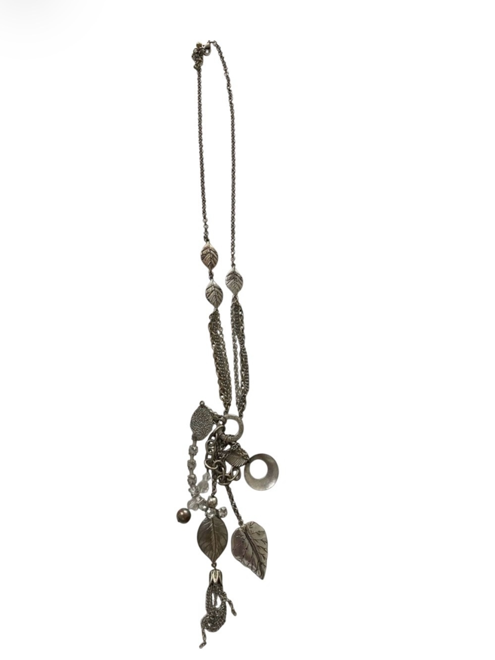 Layered Silver Leaf and Charm Necklace - Women's Jewelry